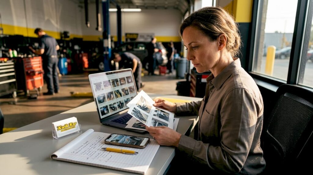 Insurance agent reviewing vehicle inspection photos