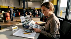 Insurance agent reviewing vehicle inspection photos