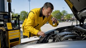Automotive inspector checking car engine in garage