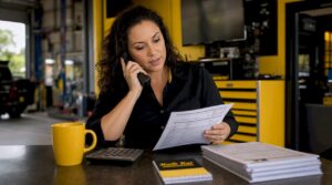 Service advisor reviewing labor rates at repair shop