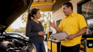 Car owner consulting mechanic for repair second opinion