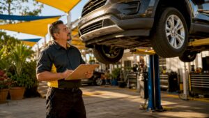 Mechanic inspecting car in certified repair shop