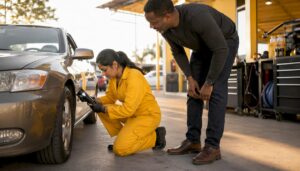 Car owner and mechanic inspecting tire outdoors