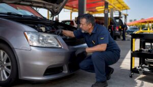 Mechanic inspecting minivan engine in service garage