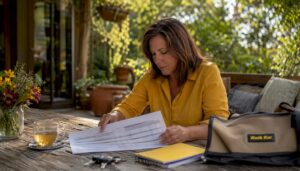 Woman reviewing car maintenance schedule at home