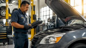 Technician servicing imported car in garage