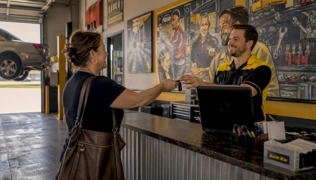 Customer handing car keys to trusted mechanic