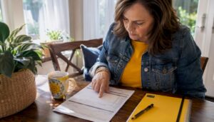 Car owner reading repair invoice at kitchen table