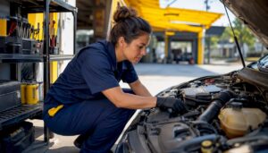Certified auto technician inspecting car engine