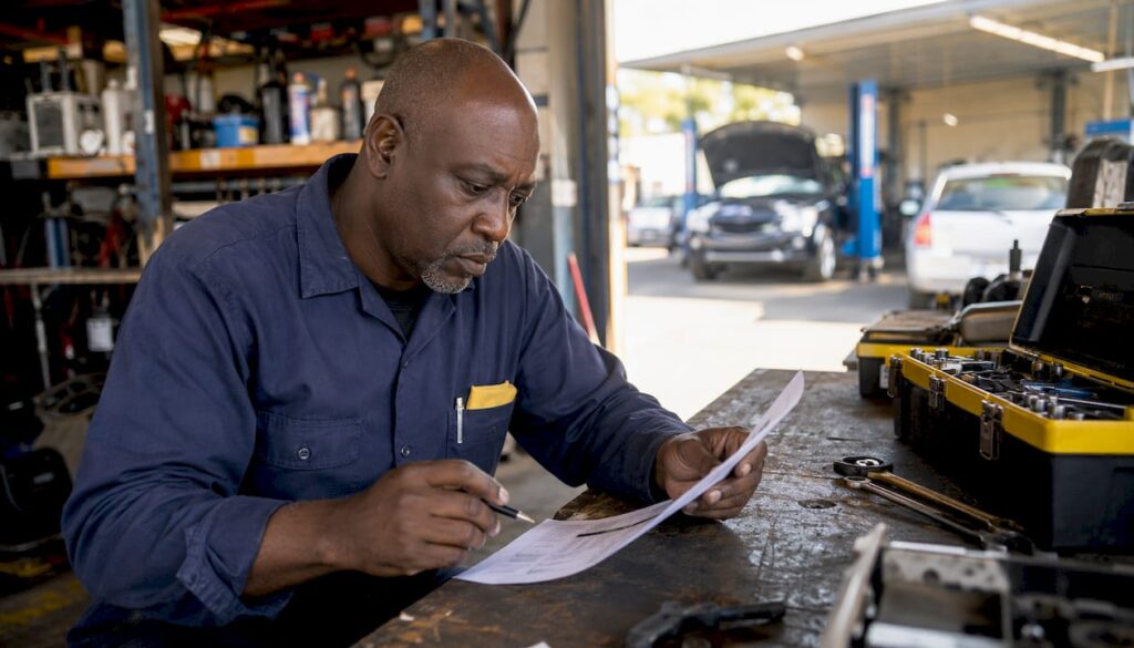 Mechanic reviewing auto repair invoice at shop desk