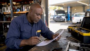 Mechanic reviewing auto repair invoice at shop desk