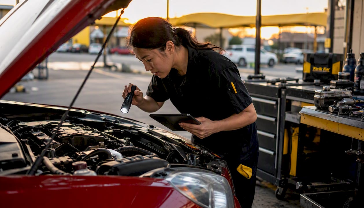 Technician inspecting car engine with flashlight