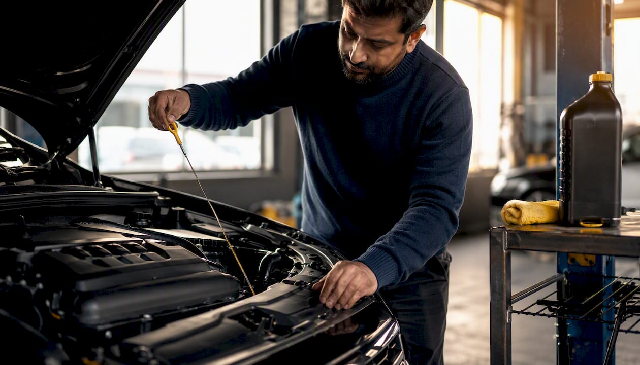 Senior man checking engine oil with dipstick in home garage.