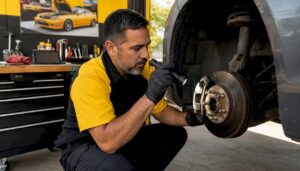 Mechanic inspecting worn brake pads on car wheel.