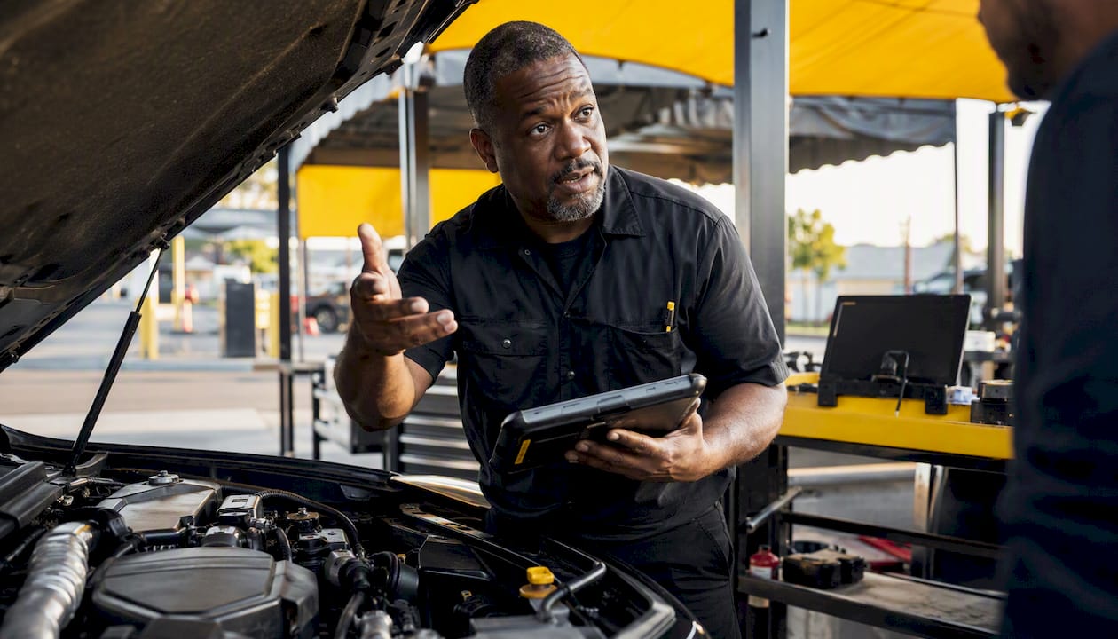 Diagnostic engineer analyzing vehicle engine with tablet