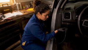 Technician connecting car diagnostic scanner inside vehicle