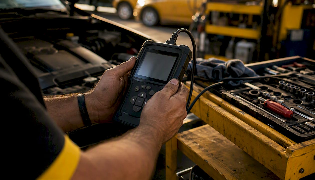 Hands holding scanner showing real-time car sensor data