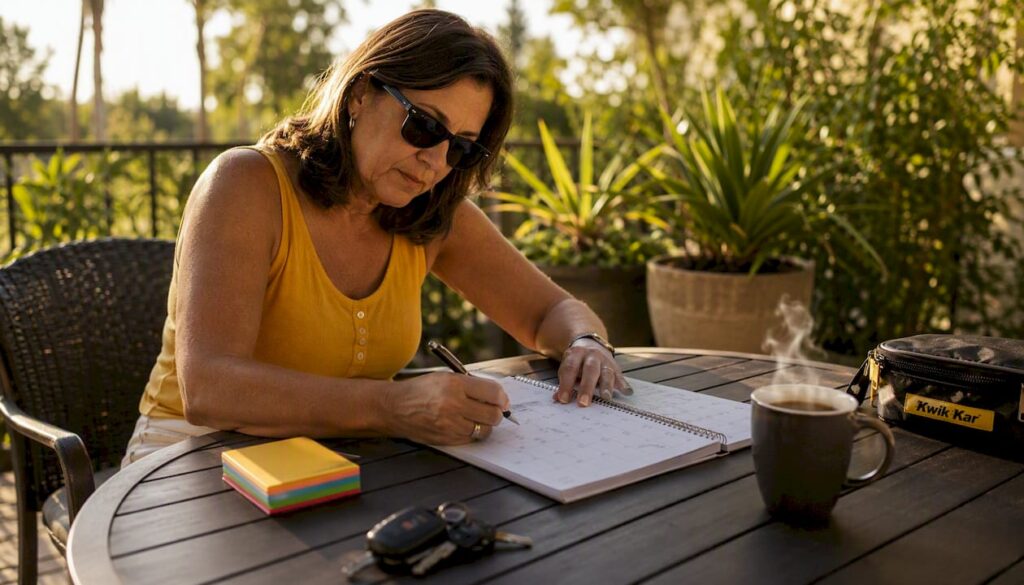 Woman organizing family vehicle maintenance calendar