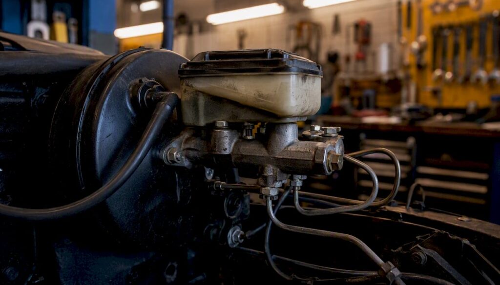 Close-up of car brake booster assembly under hood