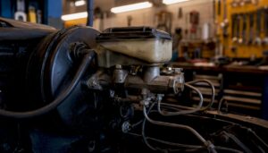 Close-up of car brake booster assembly under hood