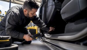 Mechanic connecting diagnostic tool inside car