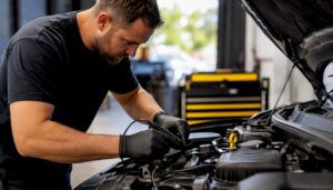 Technician hands connecting diagnostics tool to engine