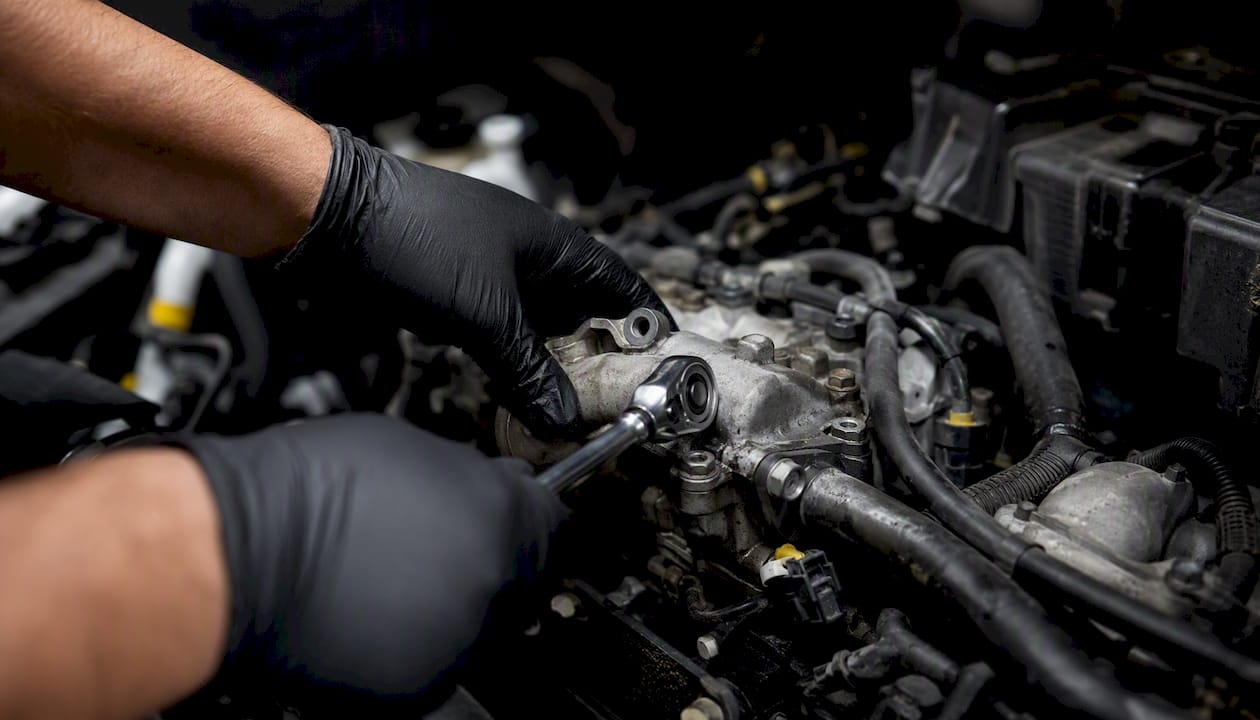 Hands replacing coolant thermostat on engine