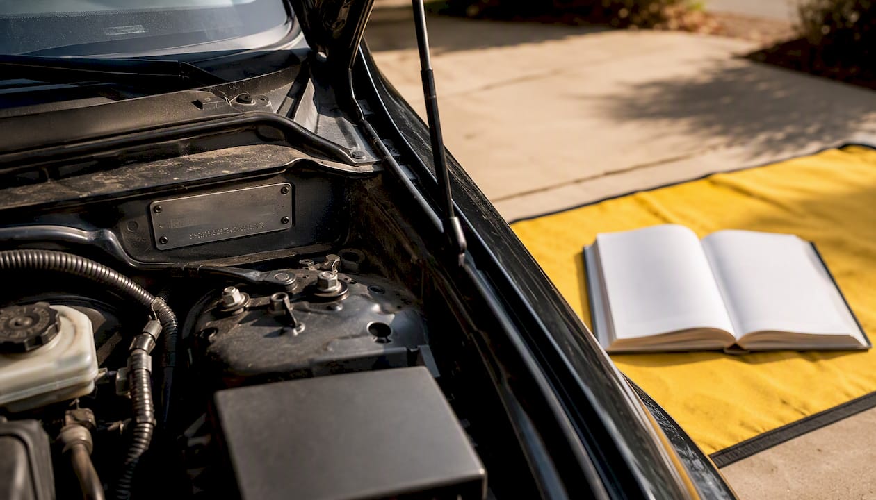 Car engine bay with VIN plate and open owner's manual