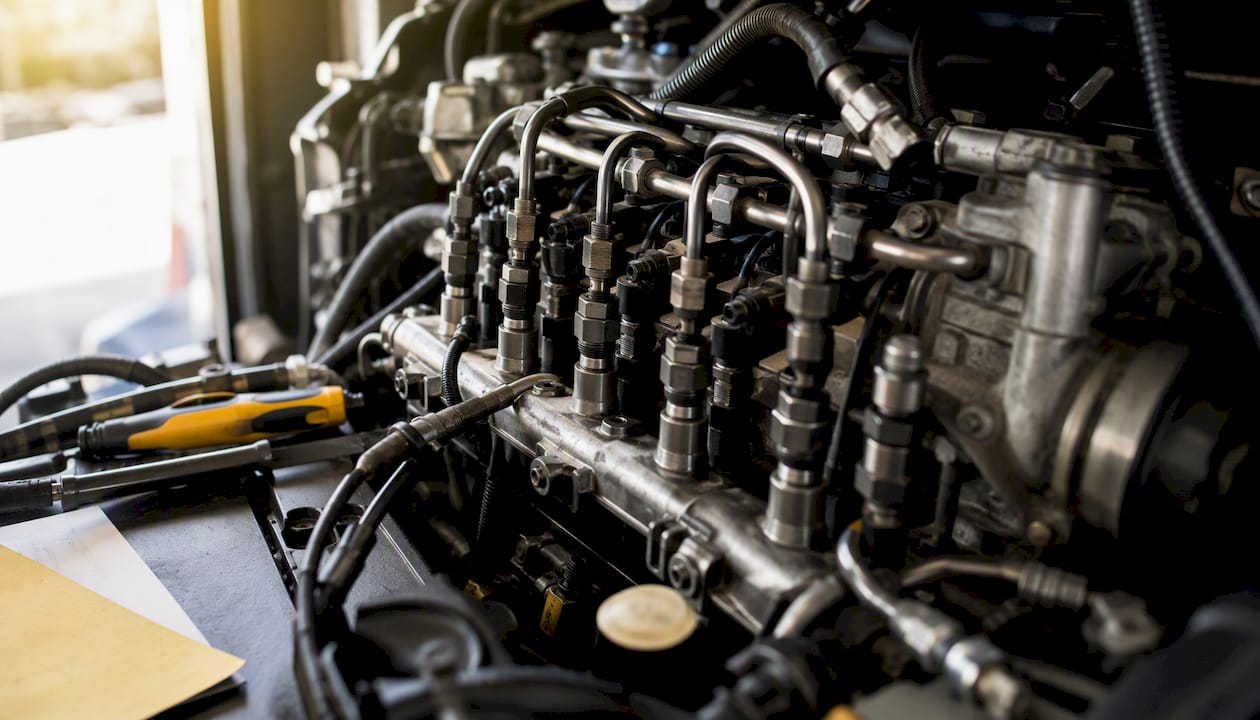 Fuel injectors and fuel pump close-up in engine bay