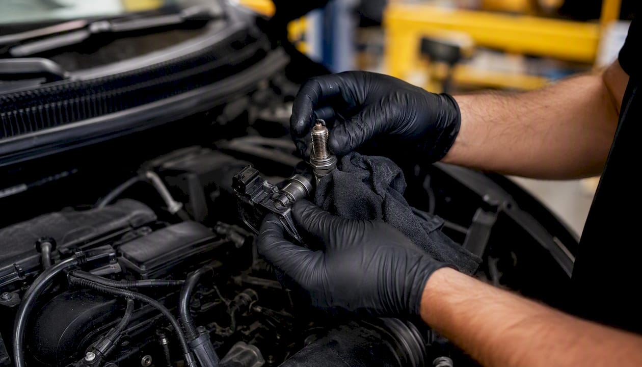 Hands handling spark plug and ignition coil