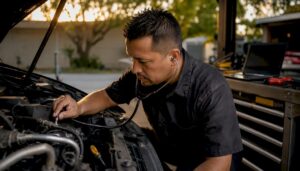 Mechanic listening to engine for unusual noises