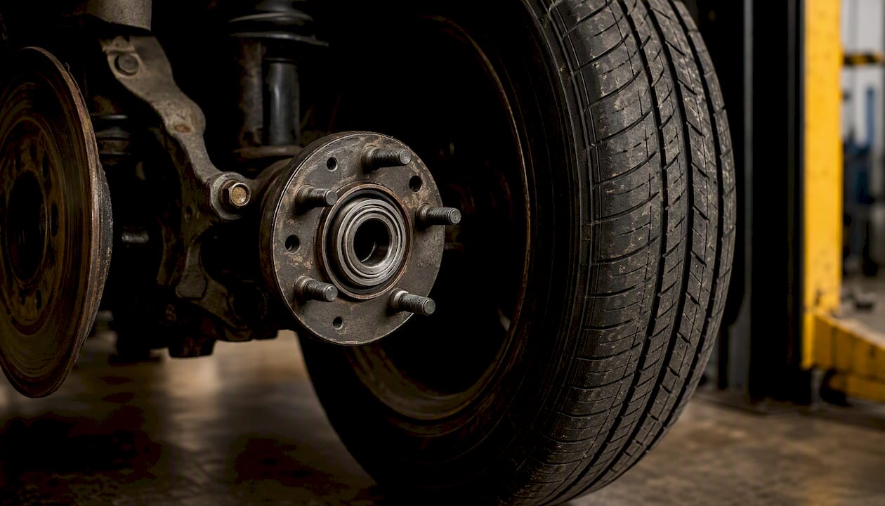 Close-up of wheel bearing and tire tread