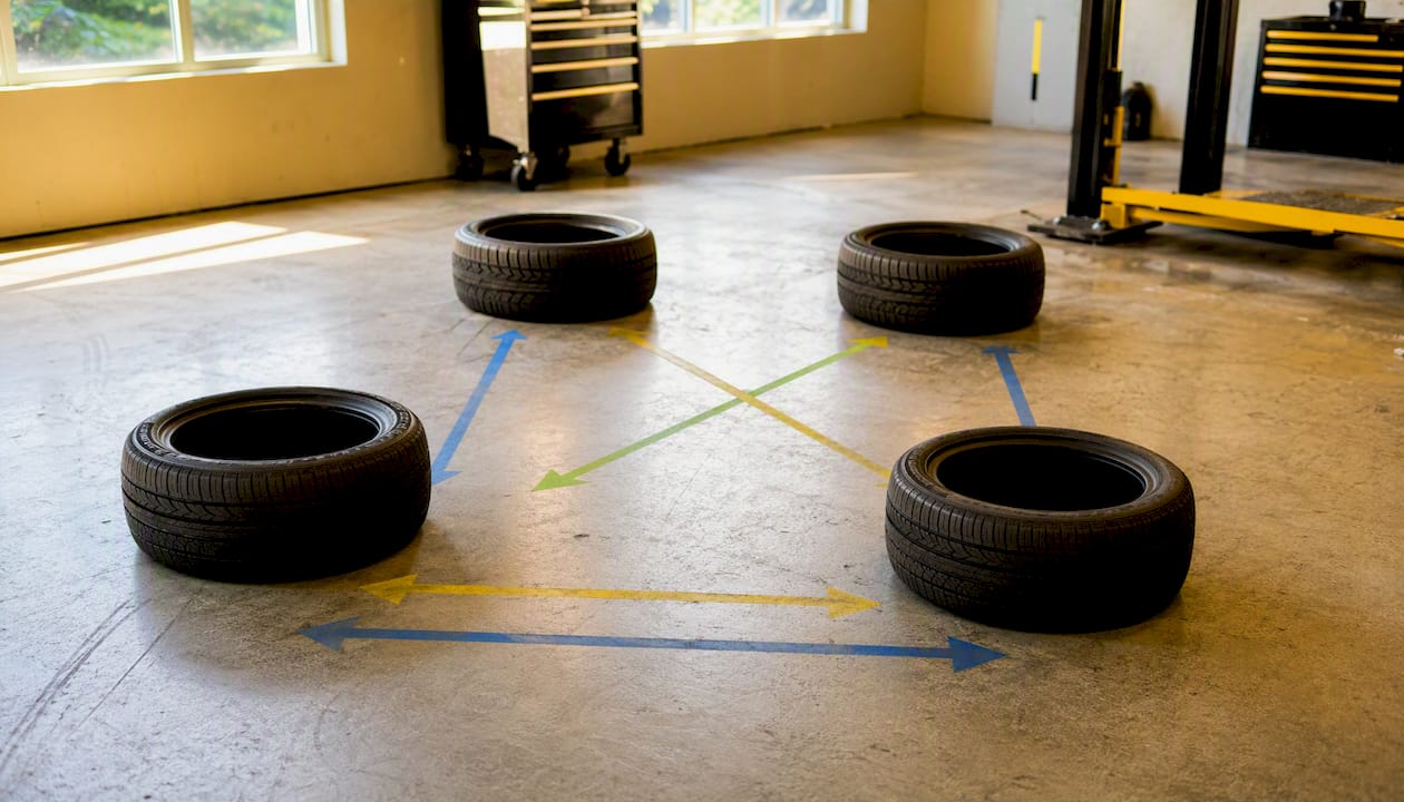 Tire rotation patterns outlined with tape on tires