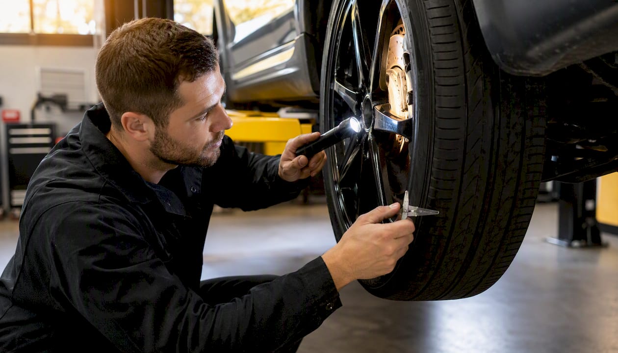 Technician inspecting tire tread and brake parts