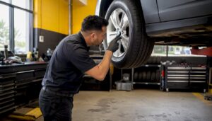 Technician tightening lug nuts during tire rotation