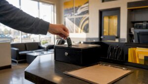 Customer handing keys and documents at car service shop