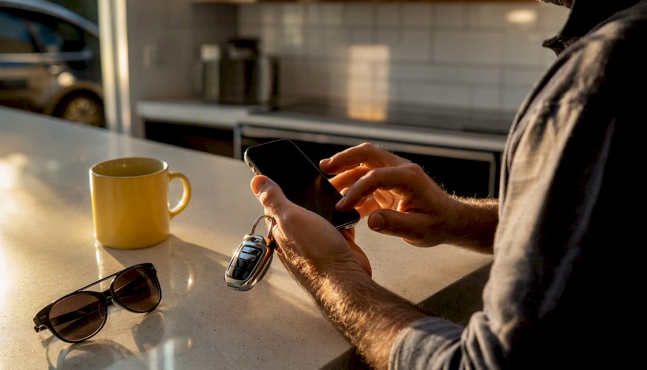 Hands holding smartphone and car keys ready to book service