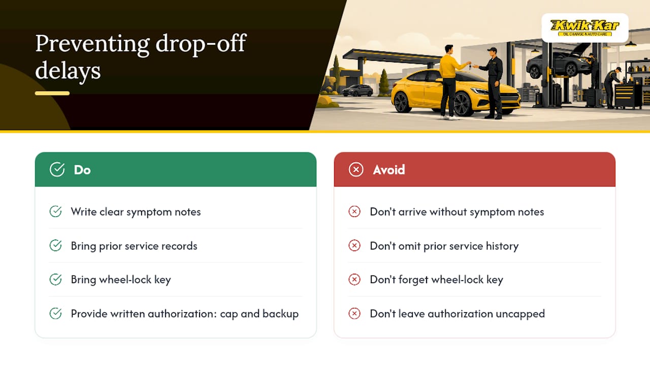 Diagram showing causes of delayed car drop-off and technician workflow