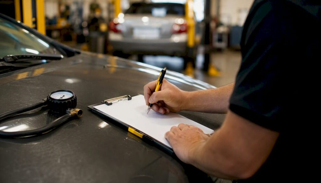 Hands filling vehicle maintenance checklist outdoors