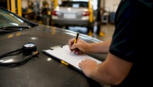 Hands filling vehicle maintenance checklist outdoors