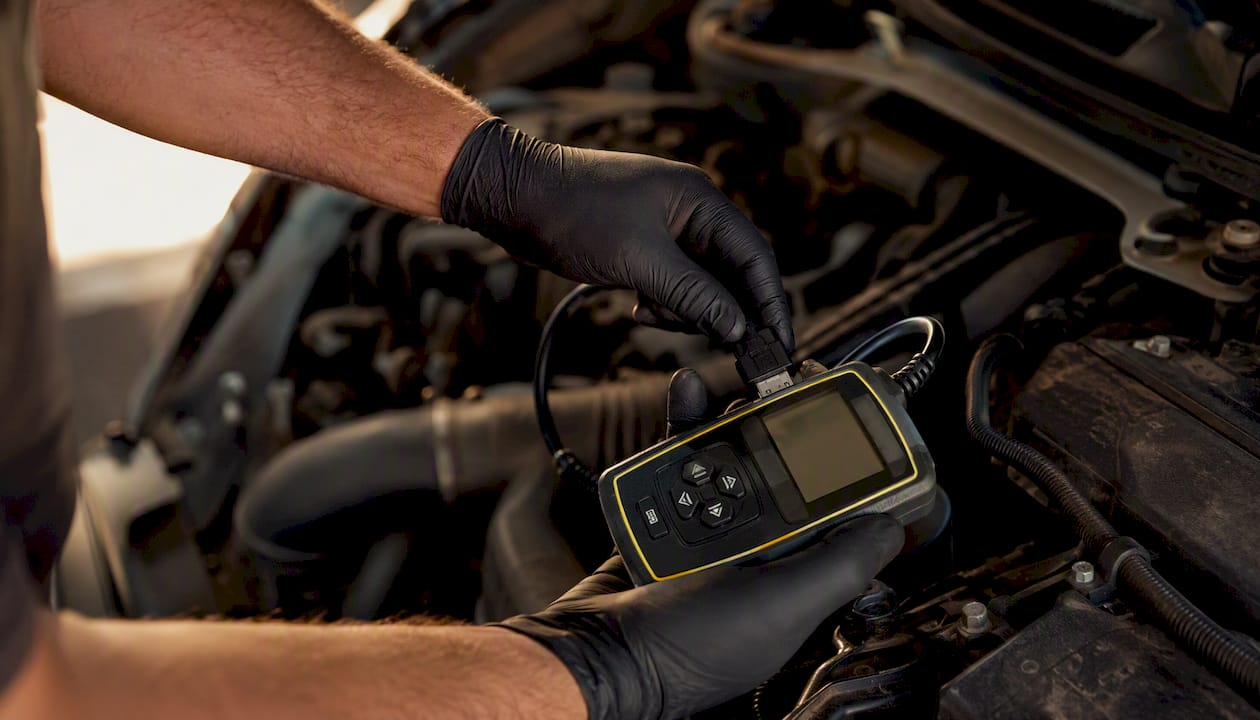 Technician hands using diagnostic tool in engine bay