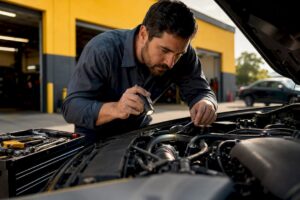 Technician inspecting car engine belts and hoses