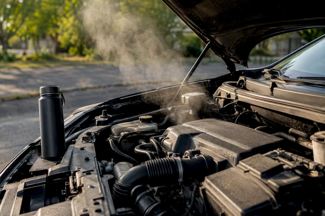 Partially open car hood showing warm engine components