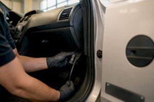 Hand connecting emissions test device to vehicle port