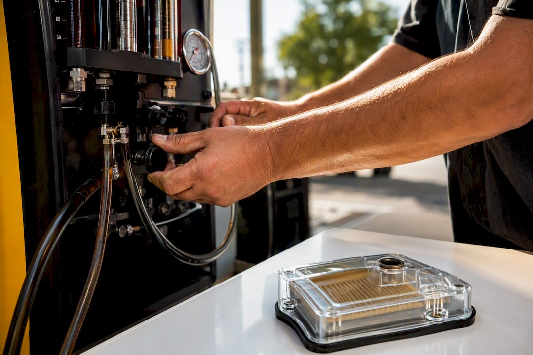 Technician hands adjusting flush machine valve with filter