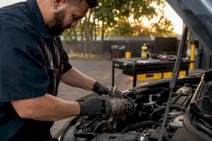 Mechanic removing car AC compressor in garage