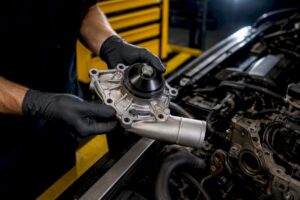 Technician positioning automotive water pump