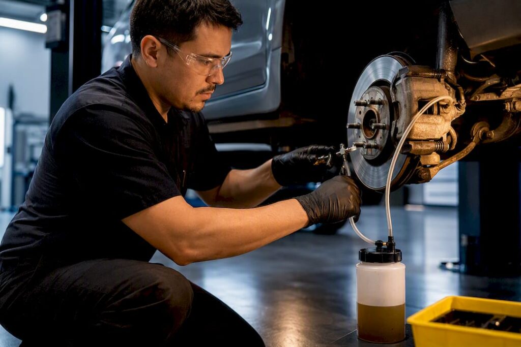Technician performing brake fluid flush