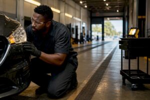 Technician performing a vehicle state inspection