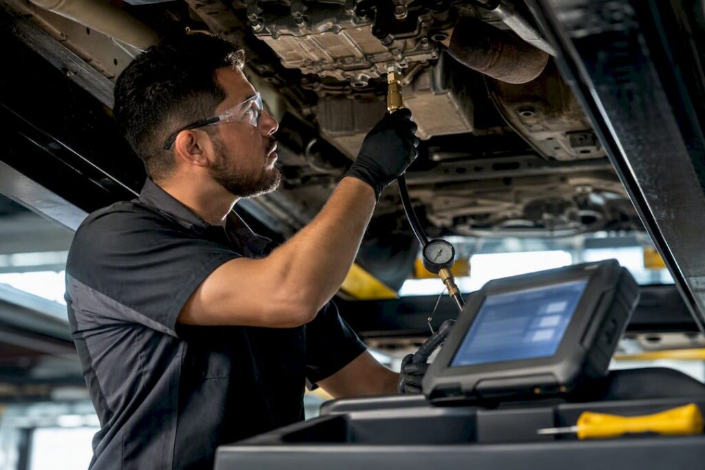 Technician testing transmission pressure in service bay